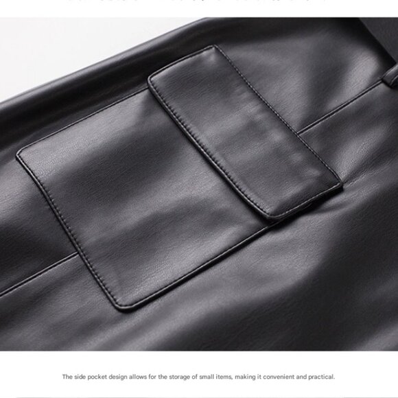 Burgundy Belted A-Line Slit Leather Skirt High Waist - Picture 5 of 8